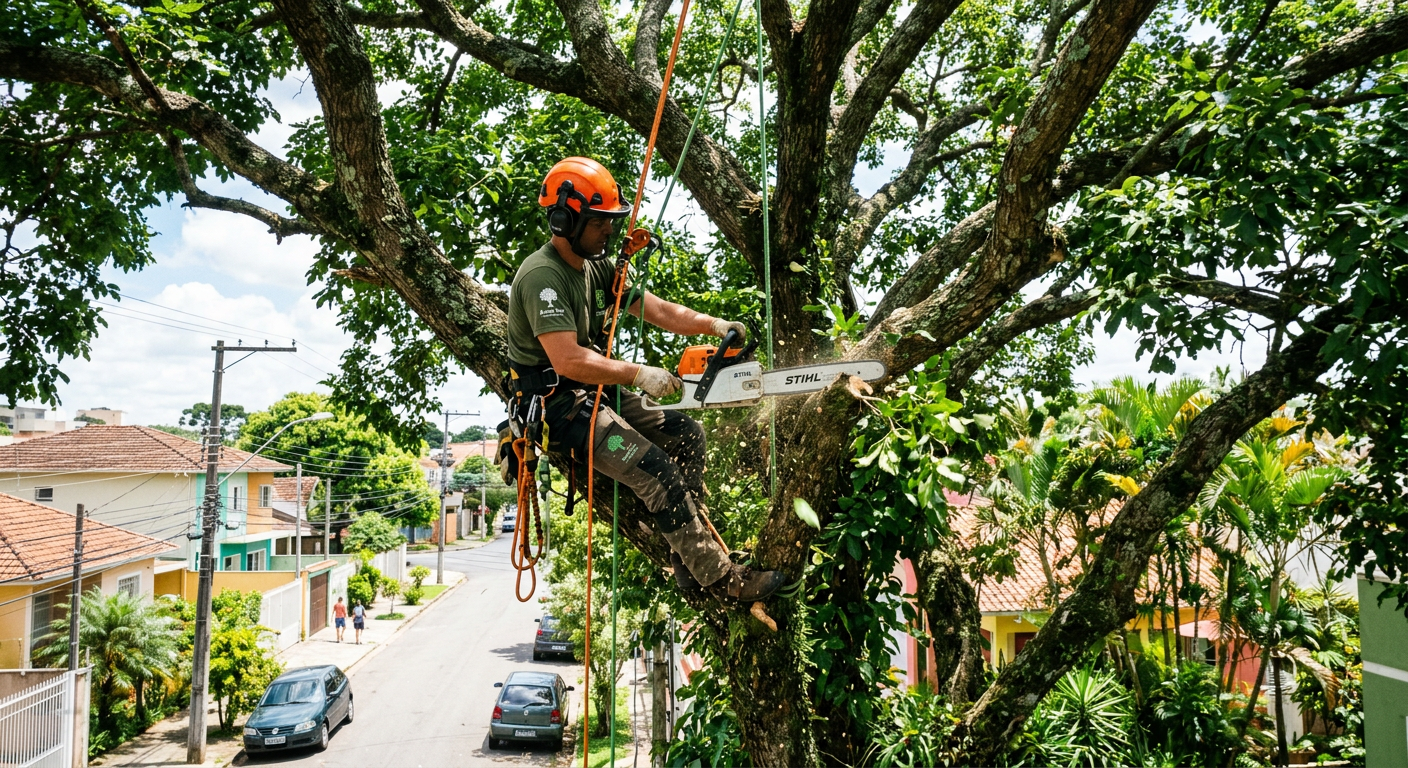 Arborista com capacete e cinto de segurança realizando poda no alto de uma árvore